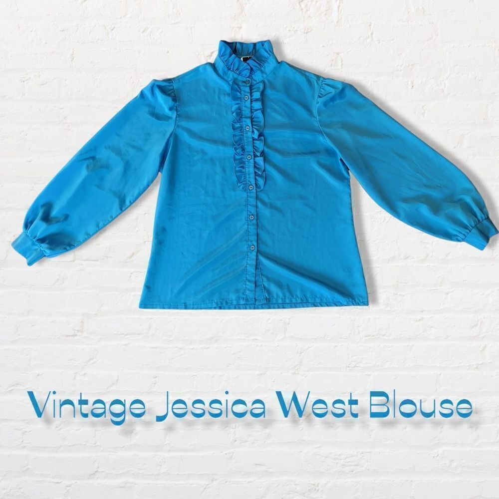 Vintage Jessica West Blouse Tuxedo Ruffle Button Down Blue Blouse VNTG Sz 14